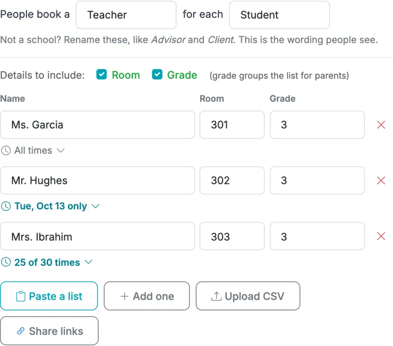 Teachers list with an All times link under each teacher, one showing Tue, Oct 13 only and one showing 25 of 30 times