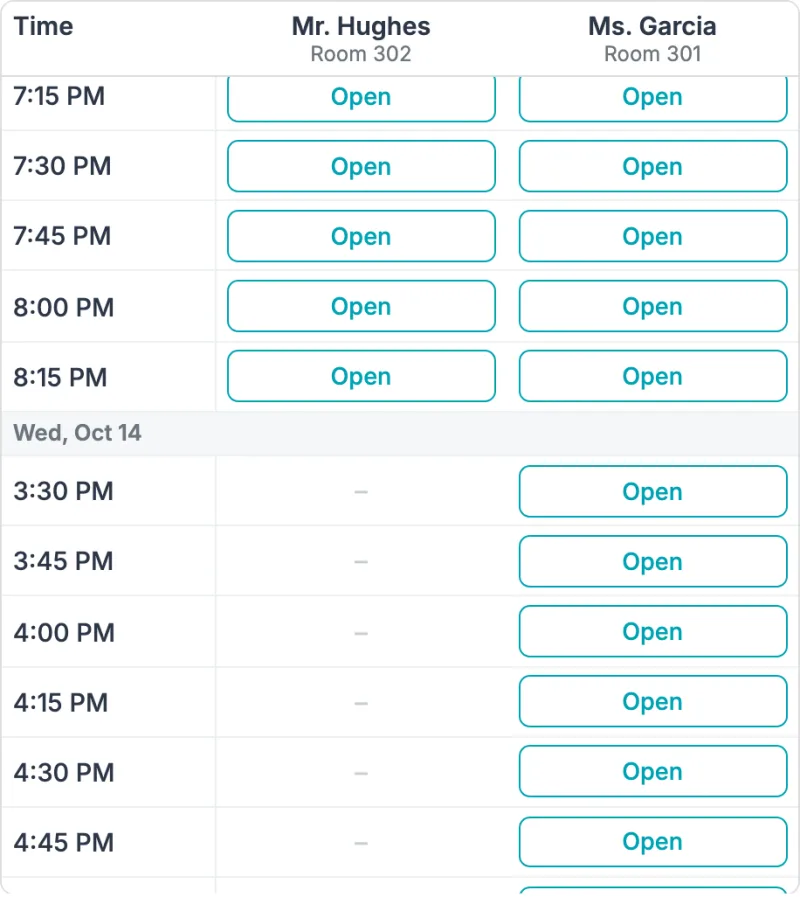 Family's booking grid: one teacher shows Open on Tuesday and a dash on Wednesday, the other teacher is Open on both days