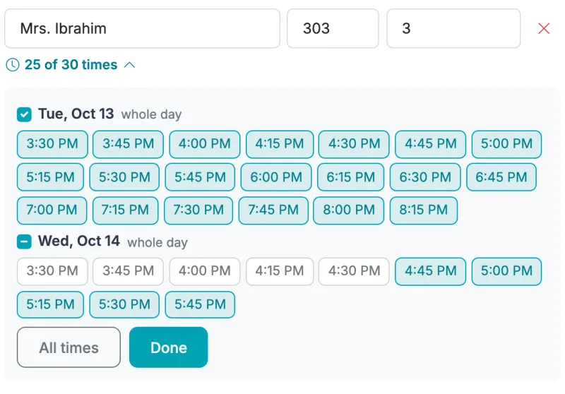 One teacher's times open by day, with whole day checkboxes and each time highlighted when the teacher has it