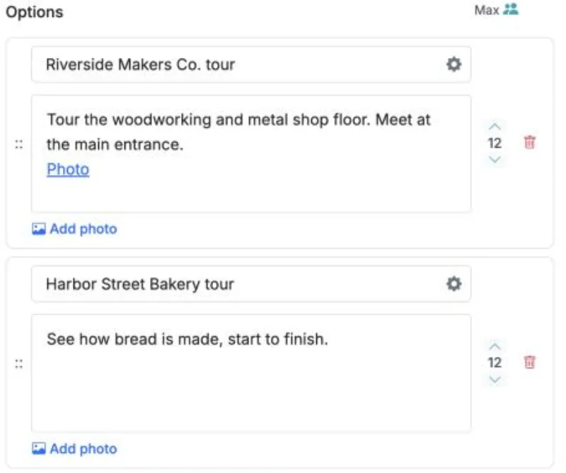 The Add photo link under an option description in the form editor, with a Photo link already added to the first option