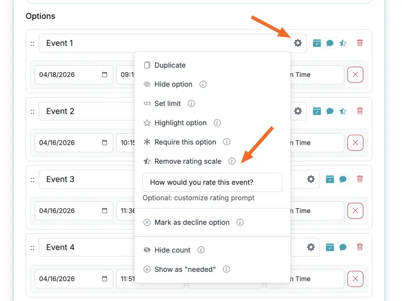 Add rating scale option inside an option's gear menu, with a box to customize the rating prompt