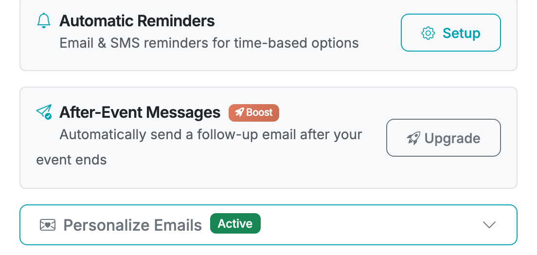 The Form Settings card on the Form Options page showing the 'Personalize Emails' button with an envelope-heart icon, which expands to reveal the sender name and custom message fields.