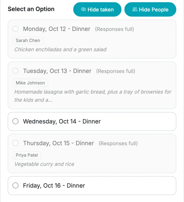 Meal train form showing each person's name and what they are bringing under each dinner slot