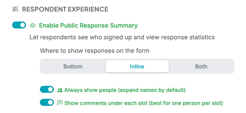 Respondent Experience settings with Inline selected and Show comments under each slot turned on
