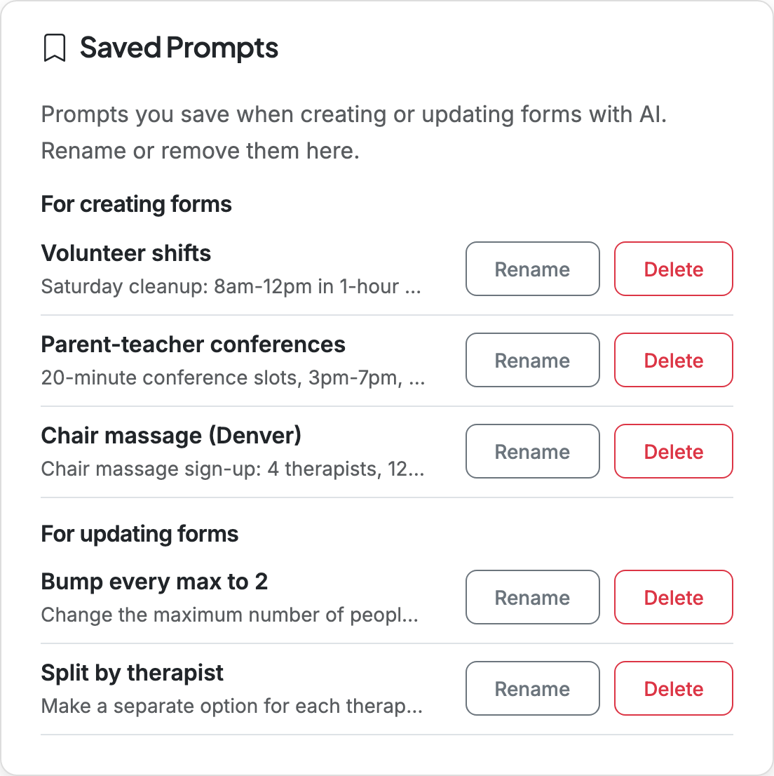 The Saved Prompts card on the Account page. Prompts are grouped under two headings, For creating forms and For updating forms, and each prompt has a Rename button and a Delete button.