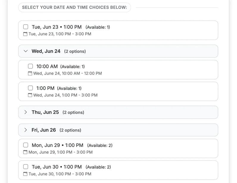 Signup form options showing each option's date and time to respondents