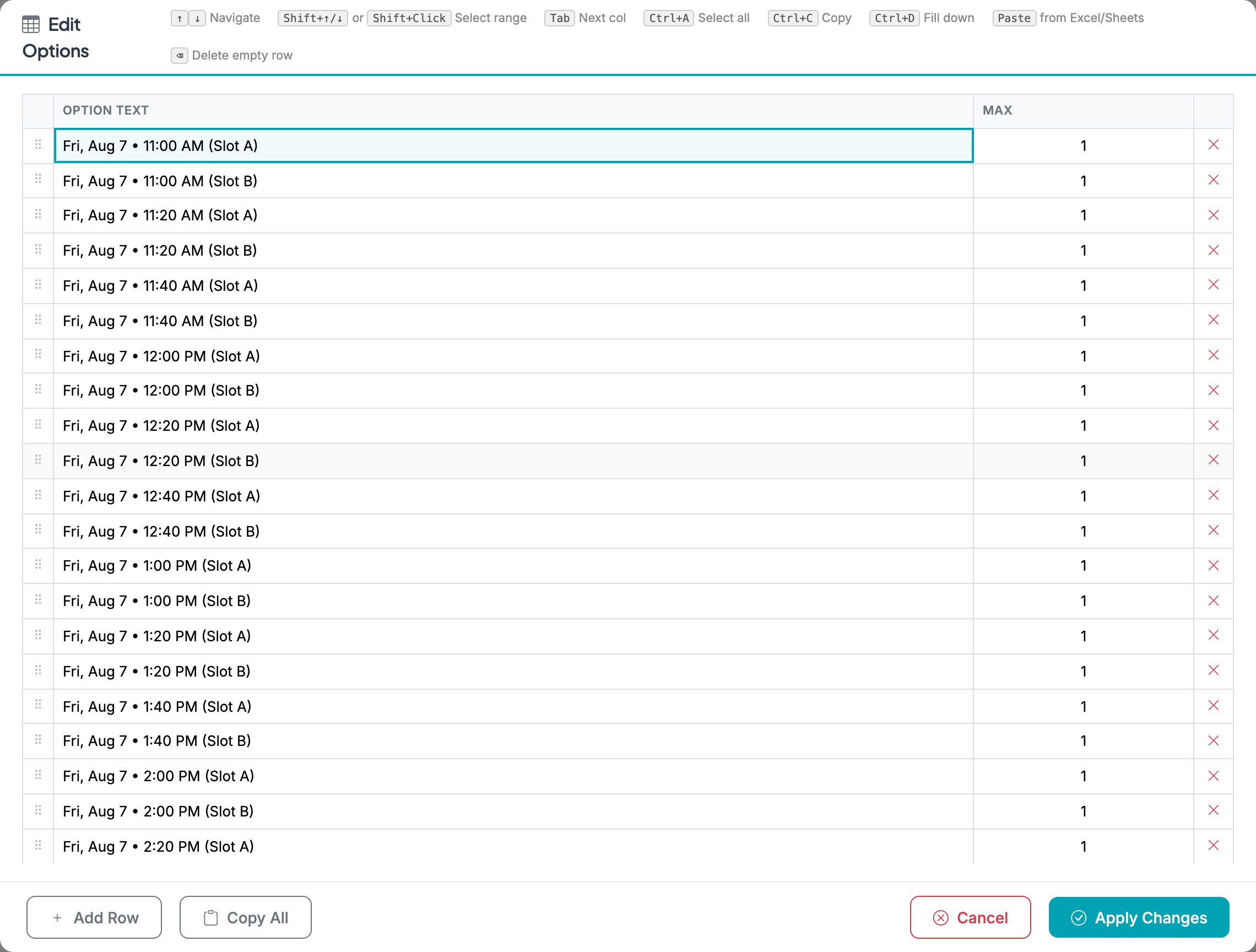 The Edit Options spreadsheet grid with rows of options, drag handles, and Apply Changes