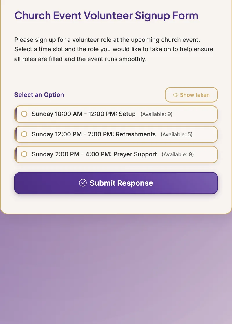 Church volunteer sign up sheet template with role slots