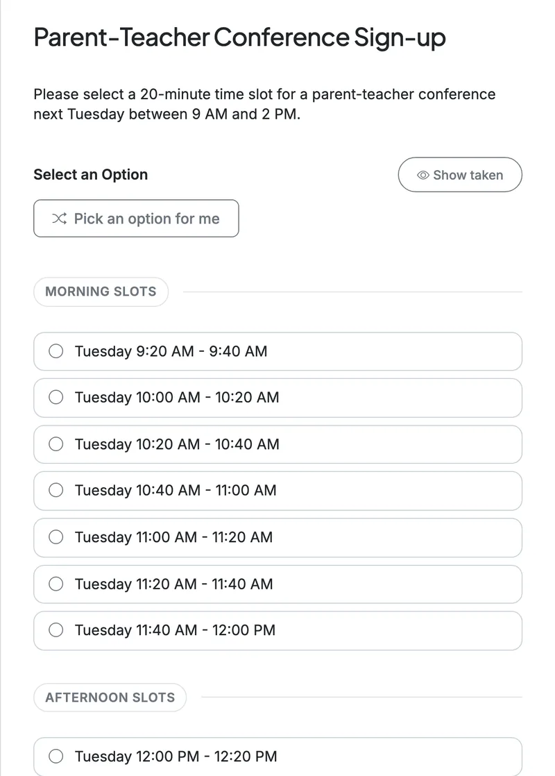 Parent-teacher conference sign up sheet template with 20-minute time slots