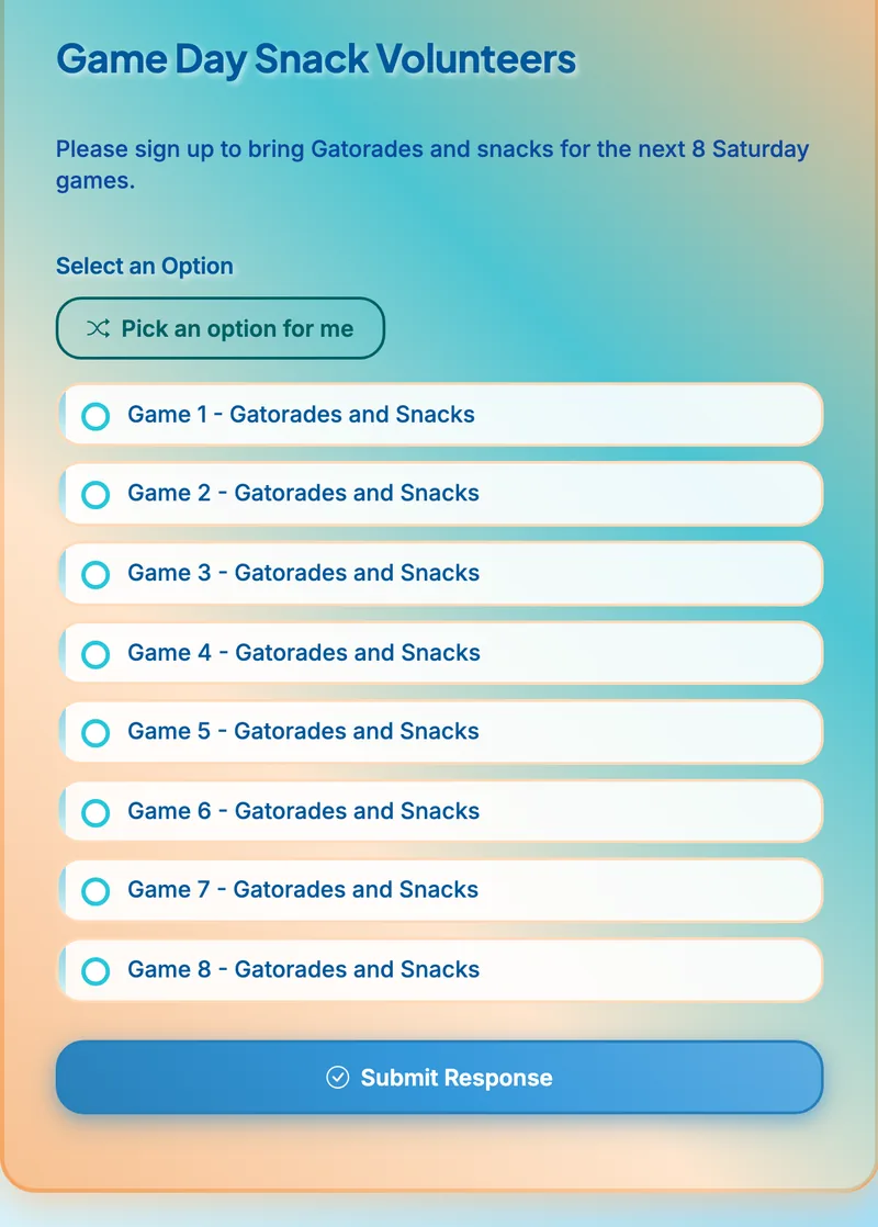 Team snack sign up sheet template for game days