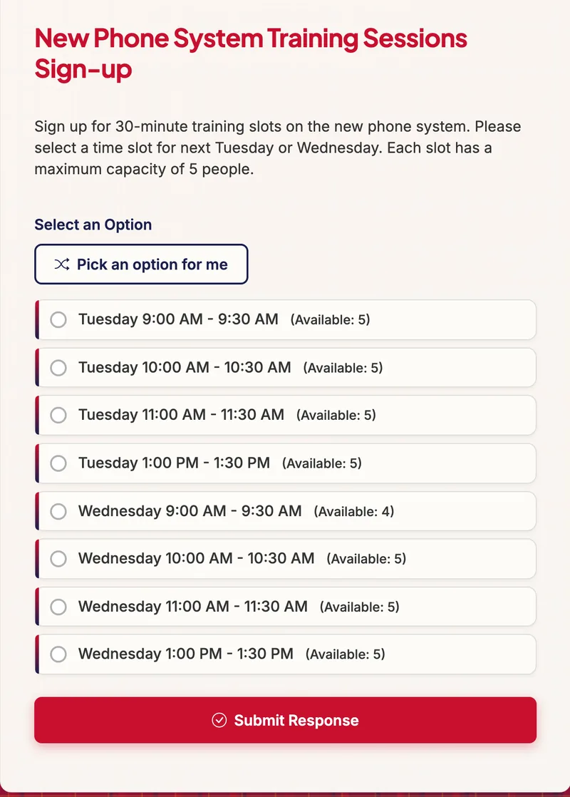 Training session sign up sheet template with time slots